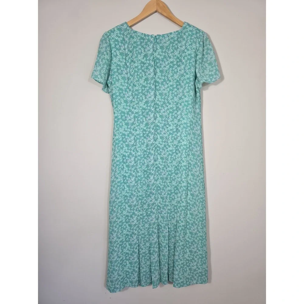 Vintage 90s Leslie Fay Floral Midi Dress Aqua Side Button Cottagecore 10P - Picture 3 of 10